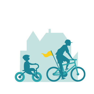 enfants qui font du vélo devant batiment illustration