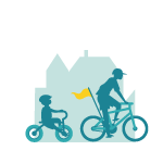enfants qui font du vélo devant batiment illustration